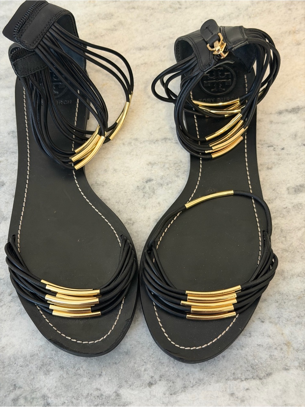 Tory Burch Black Leather Gladiator Gold-Accent Strappy Sandals